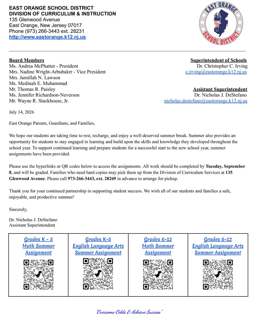 Summer Assignment Document with QR codes to Packets