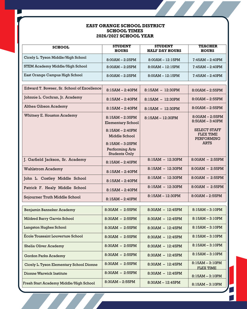 2026–2027 School Year School Times
