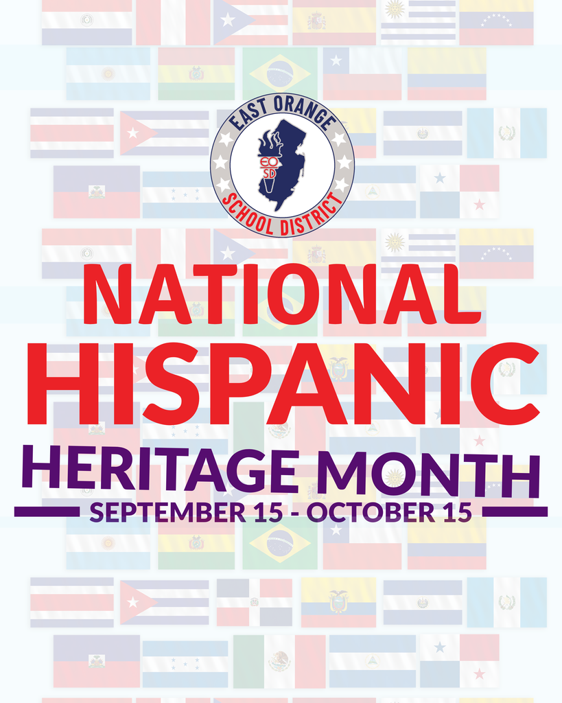National Hispanic Heritage Month in red bold letters with teal background and faded flags.