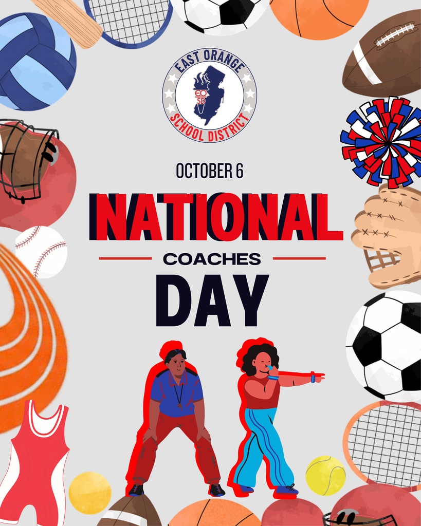 October 6 is national coaches day.  flyer include icons of soccer ball, basketball, tennis , wrestling uniform, football, volleyball, baseball bat, softball, glove for baseball, track and two coaches. One women icon and male icon