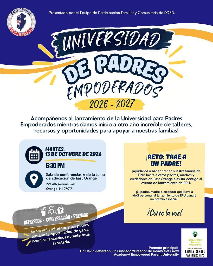 Universidad para Padres Empoderados 13 de octubre de 2026 a las 18:30 en la Junta de Educación de East Orange
