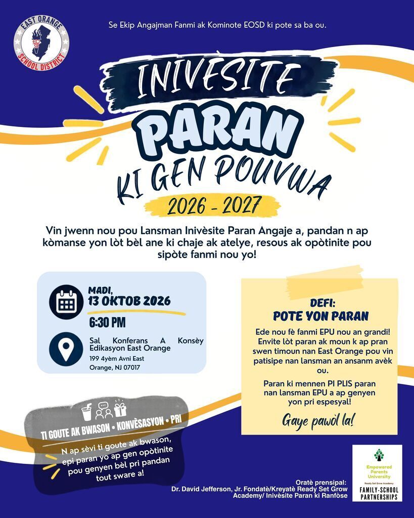 Universidad para Padres Empoderados 13 oktòb 2026 a 6:30 p.m. nan Konsèy Edikasyon East Orange