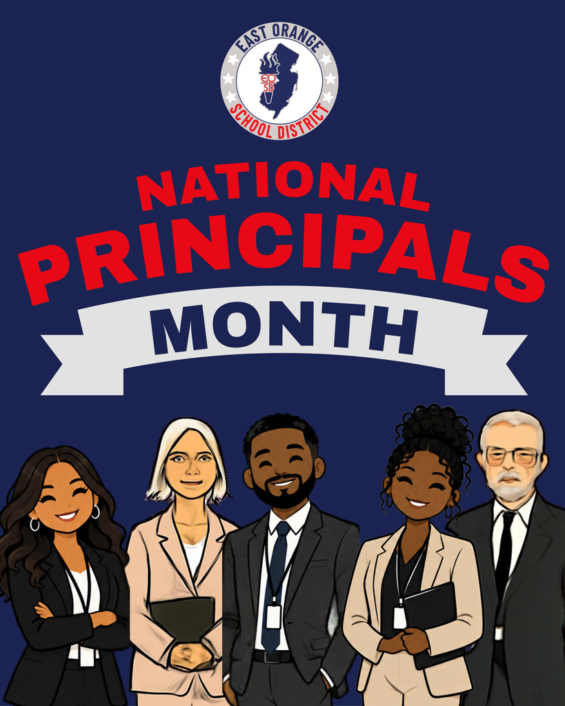 national principals month in red and 4 carton icons of principals. two male with suits and three female with suits
