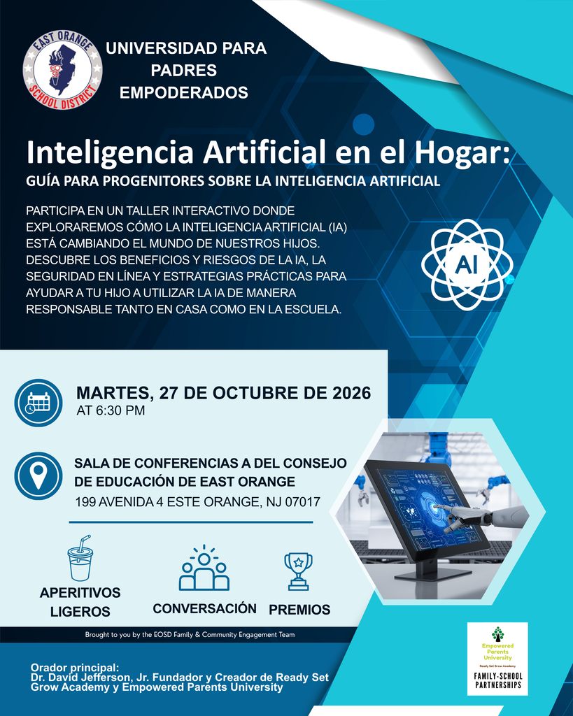 Empowered Parent University: AI workshop October 27, 2026 @ 6:30 pm at EOSD Board Of Education-Spanish