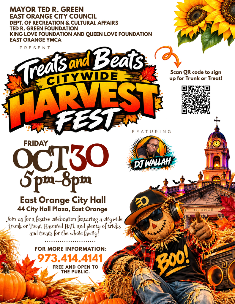 City Wide Harvest Fest October 30 5pm-8pm East Orange City Hall- Halloween with fall flyer