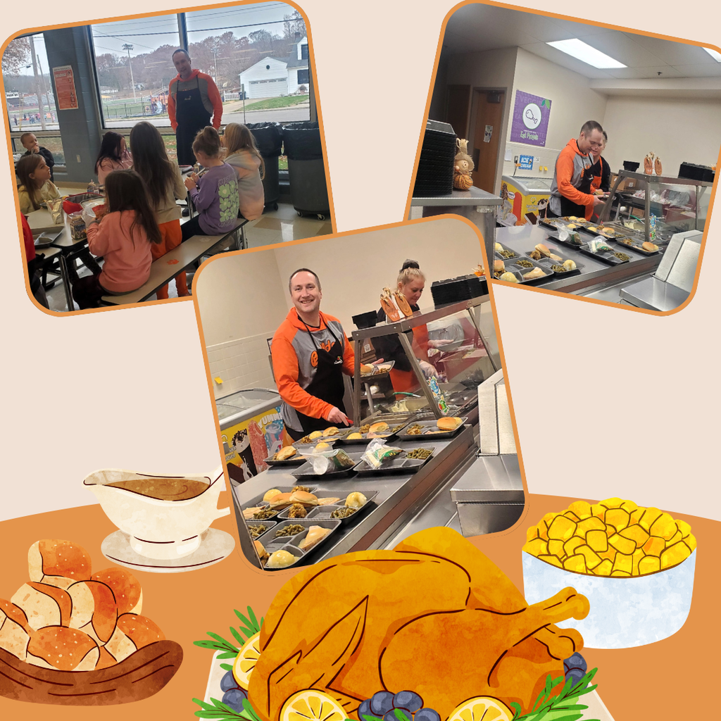 thanksgiving message from the elementary school, with Mr. Clunen serving lunch