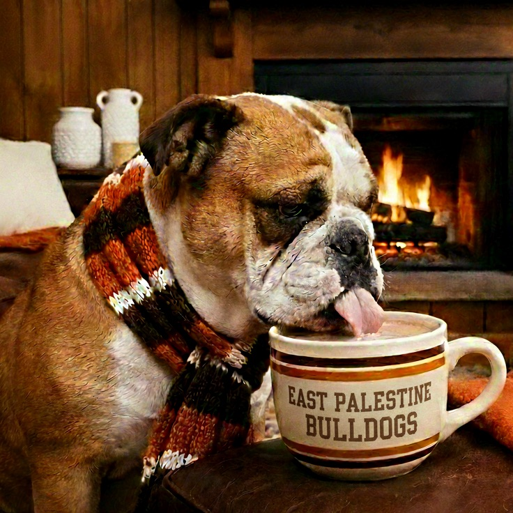 Bulldog drinking hot cocoa