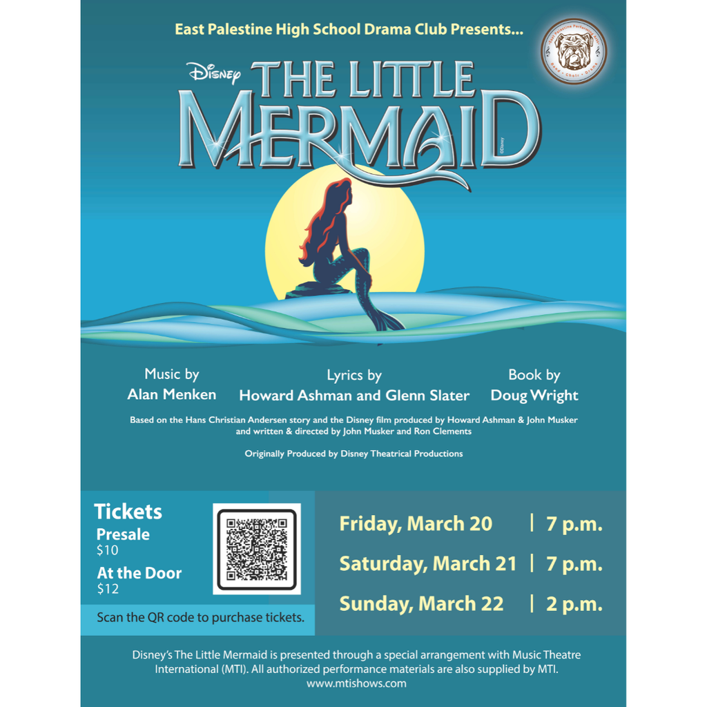 the little mermaid flyer with show dates and times listed 3/20, 3/21, 3/22