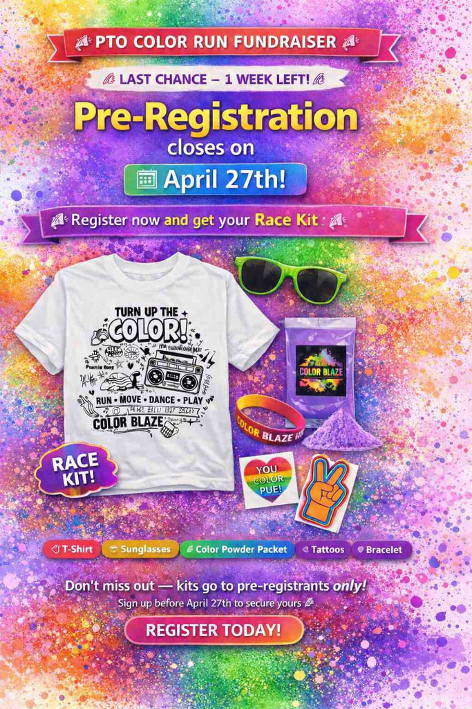 PTO color run flyer for May 17th
