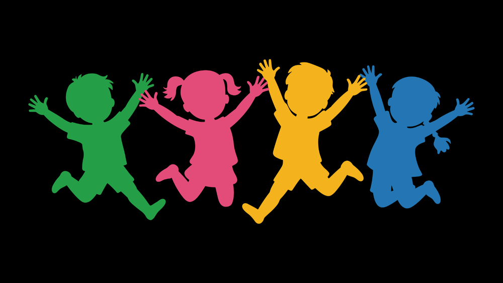 colorful silhouettes of young students jumping in the air