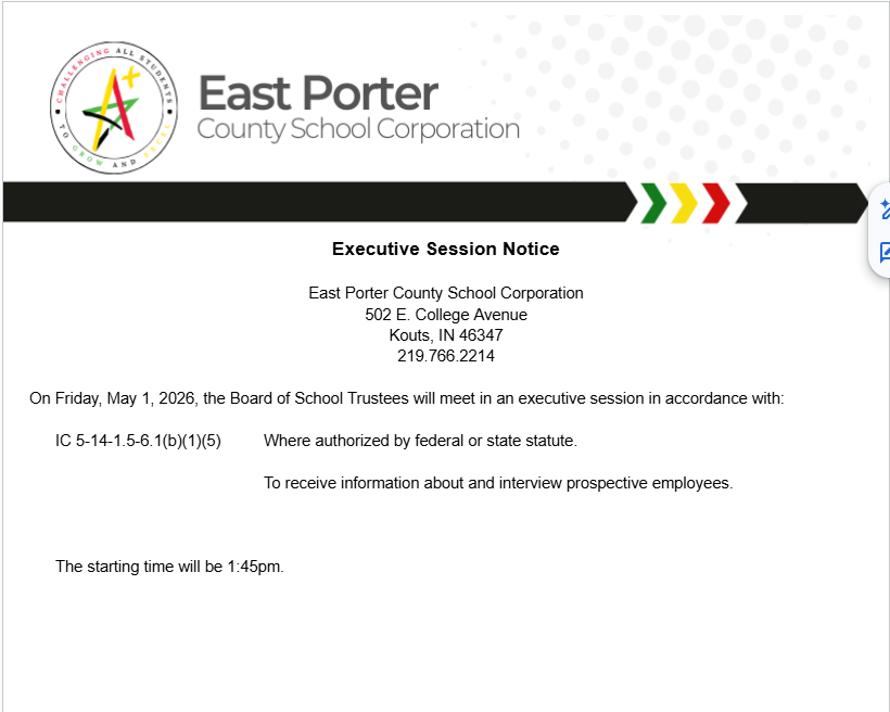 Notice of executive sessions on May 1, 2026.