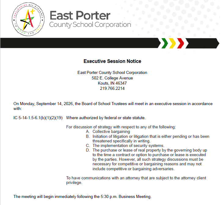 Notice of Executive Session on September 14, 2026