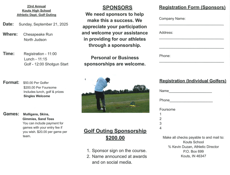 Kouts Athletic Department Golf Outing Registration
