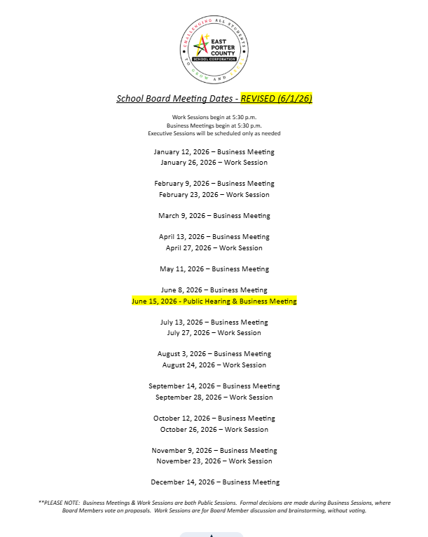 Revised 2026 School Board Meeting Dates