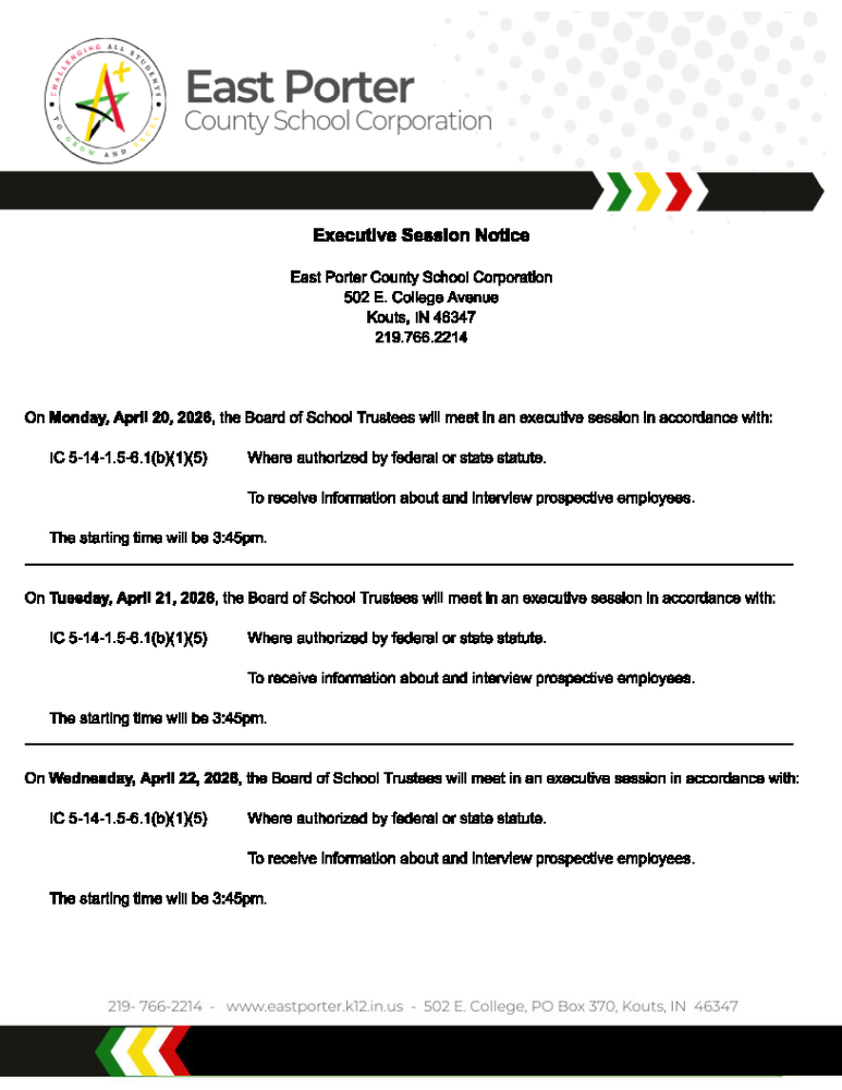 Notice of executive sessions on April 20, April 21, and April 22.