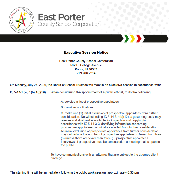 Notice of Executive Session on 7/27/26