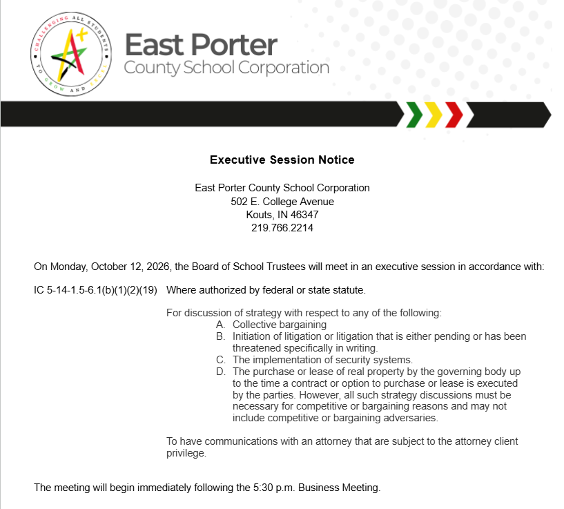 Notice of Executive Meeting October 12, 2026