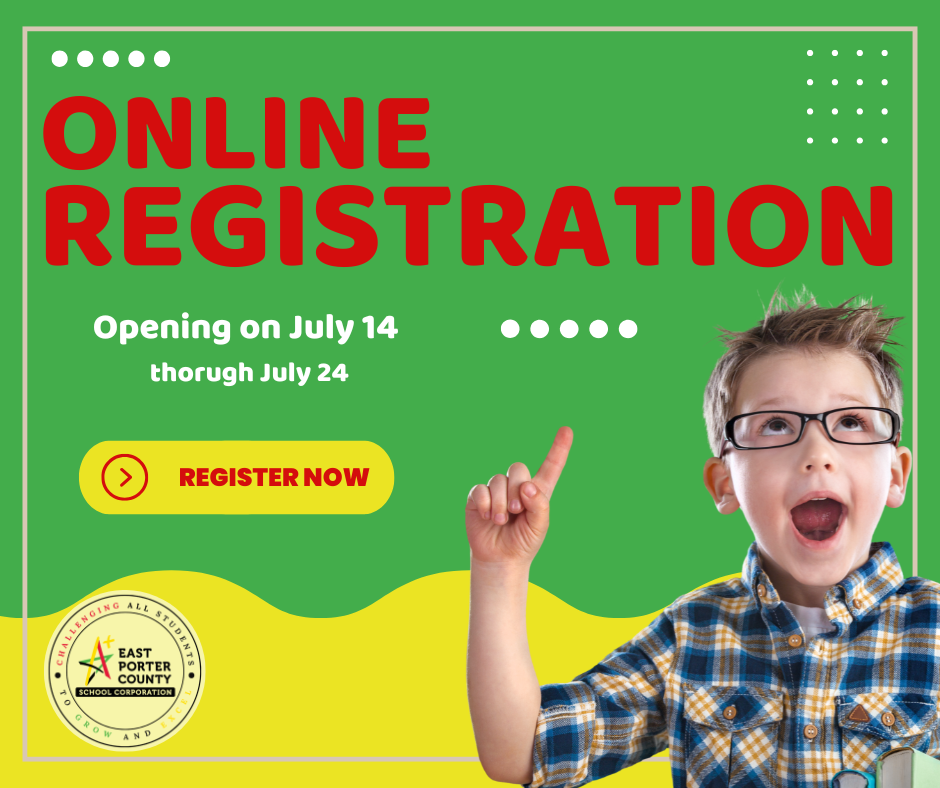 online registration with kid pointing up