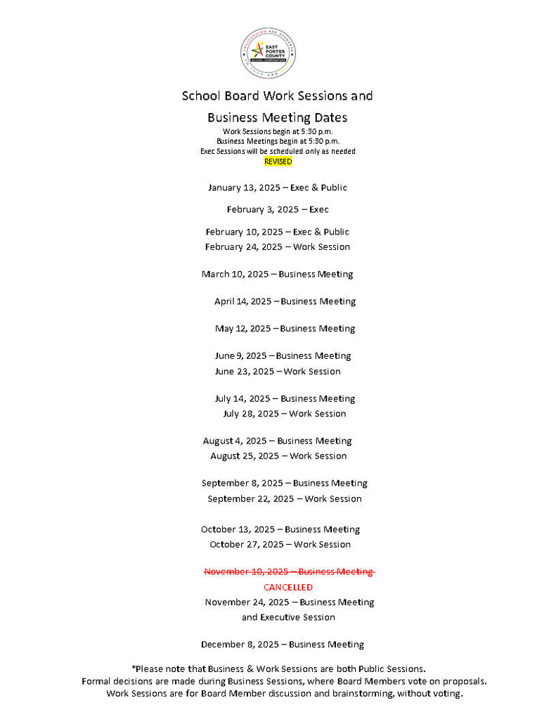 2025 School Board Meeting Schedule