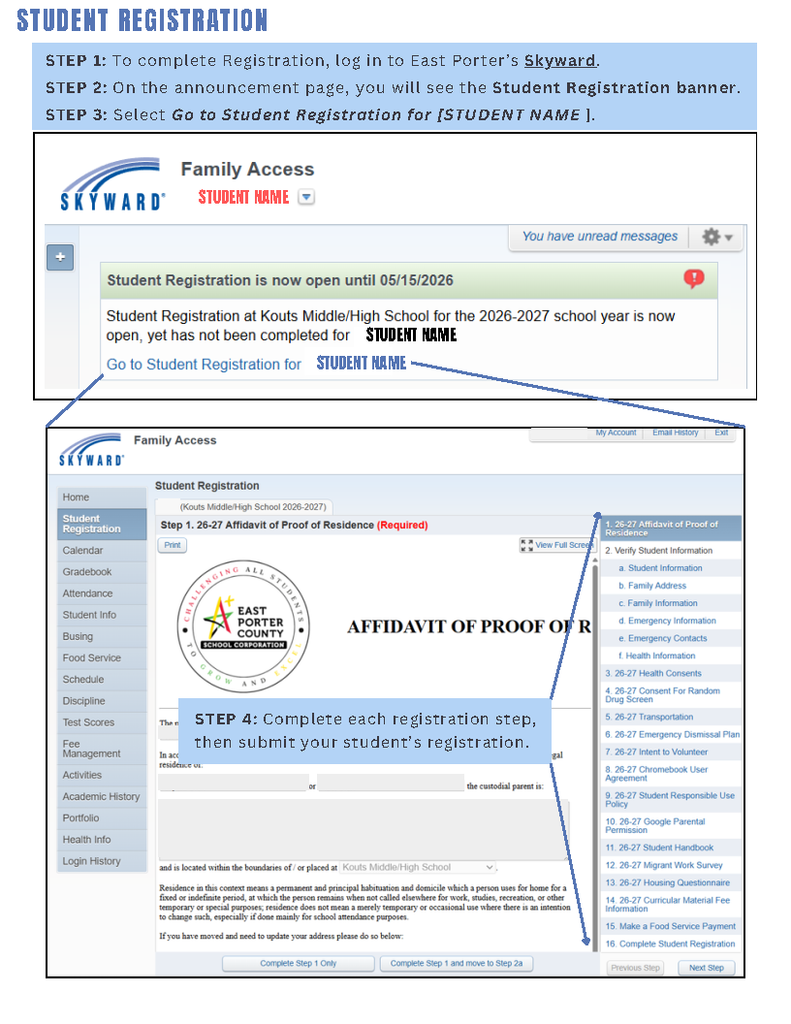 Screenshot of Skyward student registration