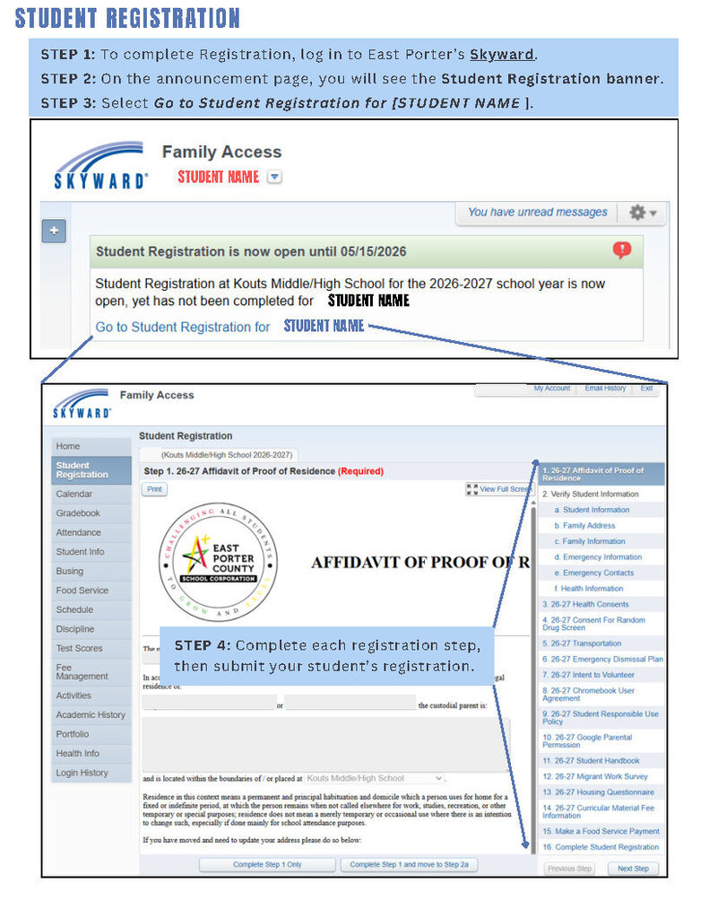 student registration screenshot showing steps to register
