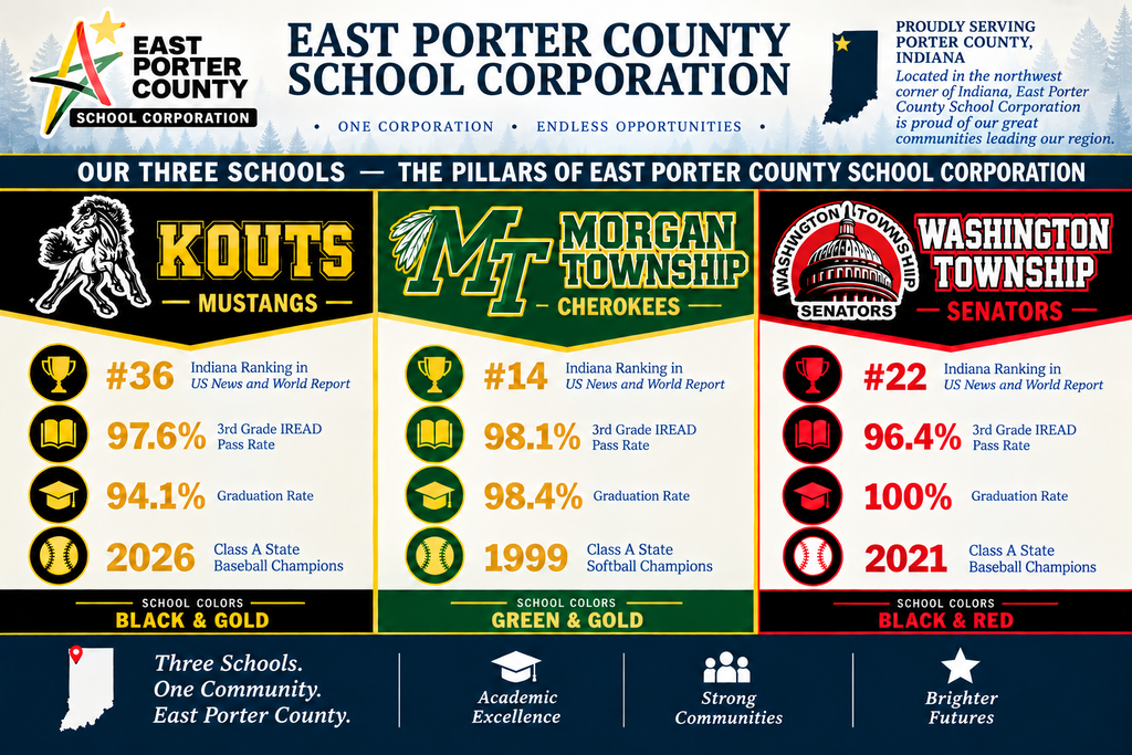  Kouts Mustangs (Black & Gold) 🏆 #36 Indiana Ranking (US News & World Report) 📖 97.6% 3rd Grade IREAD Pass Rate 🎓 94.1% Graduation Rate ⚾ 2026 Class A State Baseball Champions   🌟 Morgan Township Cherokees (Green & Gold) 🏆 #14 Indiana Ranking (US News & World Report) 📖 98.1% 3rd Grade IREAD Pass Rate 🎓 98.4% Graduation Rate 🥎 1999 Class A State Softball Champions   🌟 Washington Township Senators (Black & Red) 🏆 #22 Indiana Ranking (US News & World Report) 📖 96.4% 3rd Grade IREAD Pass Rate 🎓 100% Graduation Rate! ⚾ 2021 Class A State Baseball Champions 