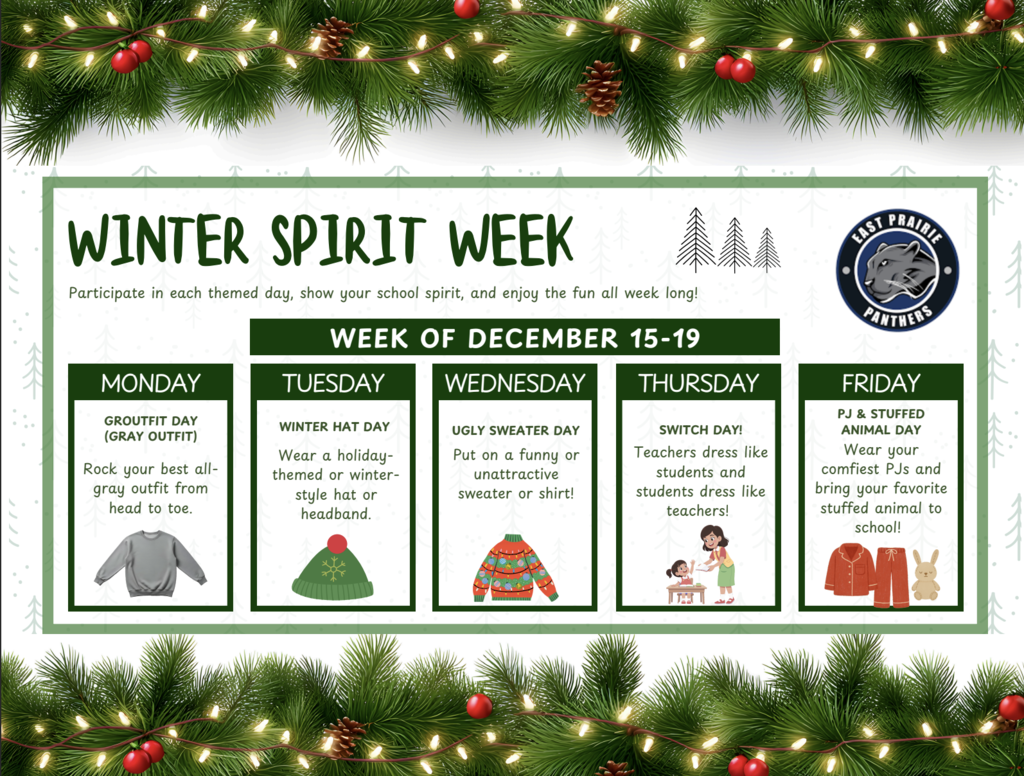 Winter Spirit Week Flyer for the week of Decedmber 15-19 monday, tuesday, wednesday, thursday, and friday