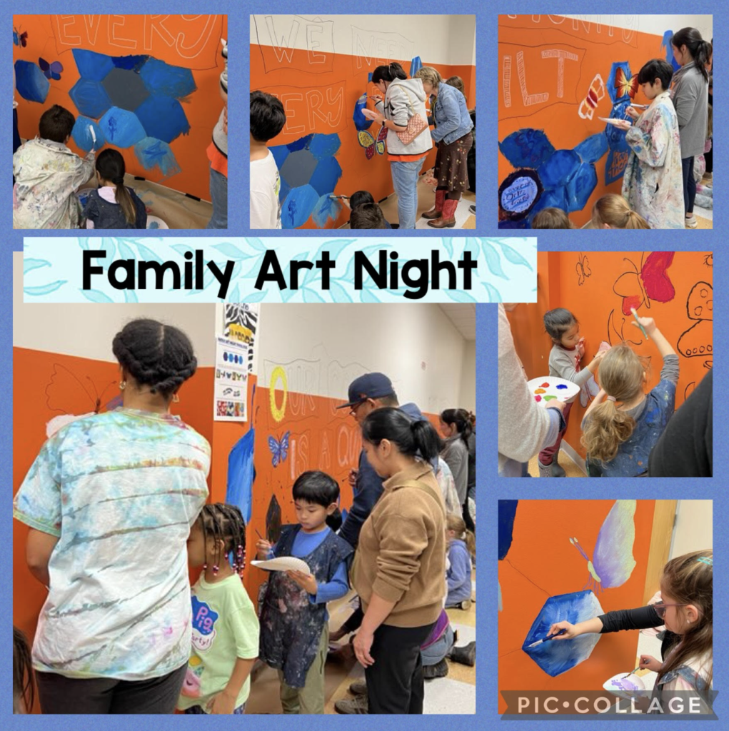 family art night pictures of families making school mural