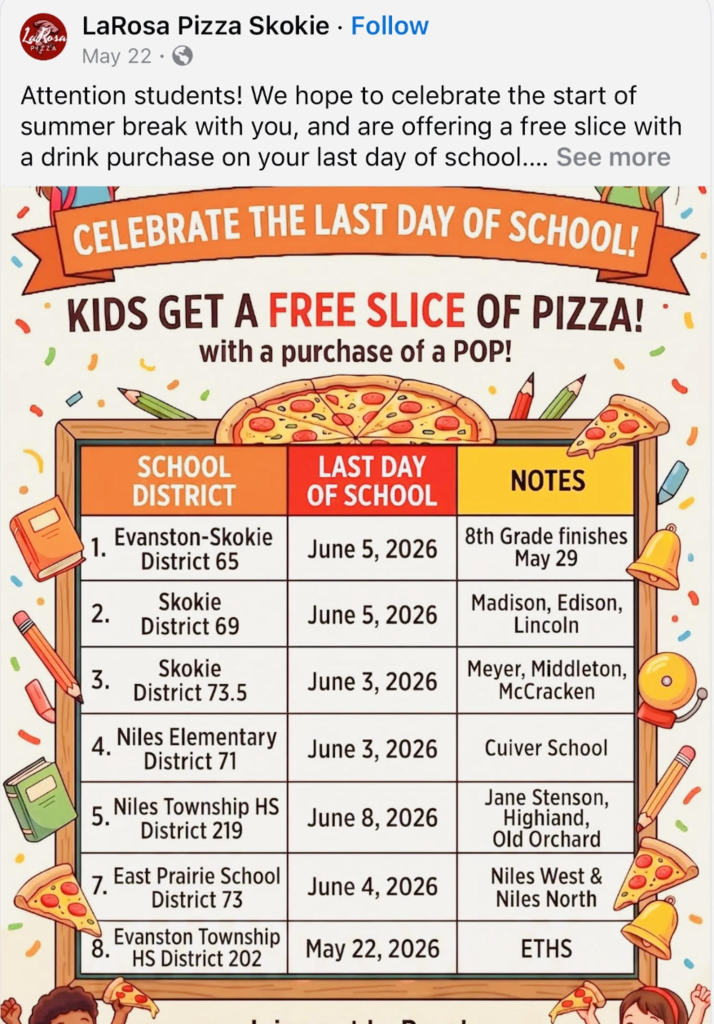 la rosa pizza schedule for free slice