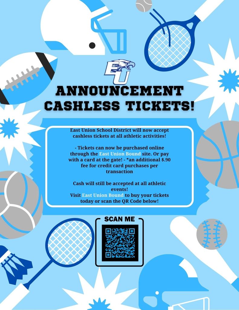 East Union now accepts cashless payments at all activities! You can purchase tickets online through our Bound site or pay with card at the gate! We still accept cash at all events.
