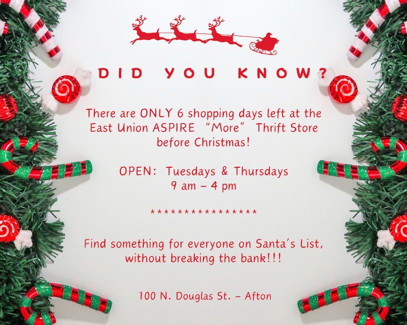 Check out  the East Union ASPIRE "More" Thrift Store for all your Christmas shopping needs!