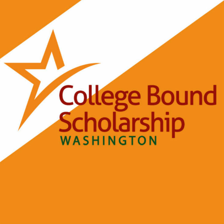 Orange Background Bold White Stripe with an orange star outline College Bound Scholarship