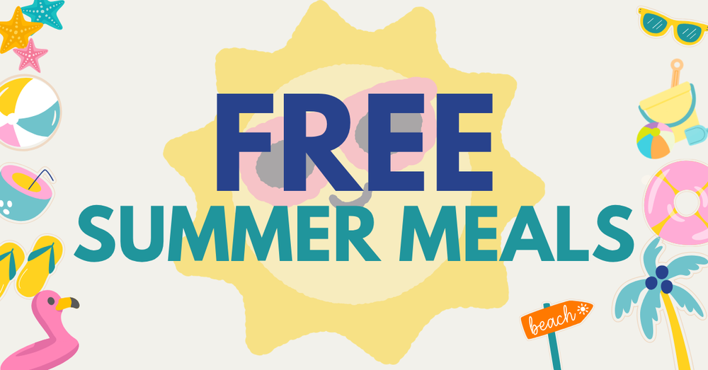 an image that says free summer meals and features icons related to summer including a palm tree, sandals, pool floaties, sun glasses, starfish, a beach ball, and a sand bucket