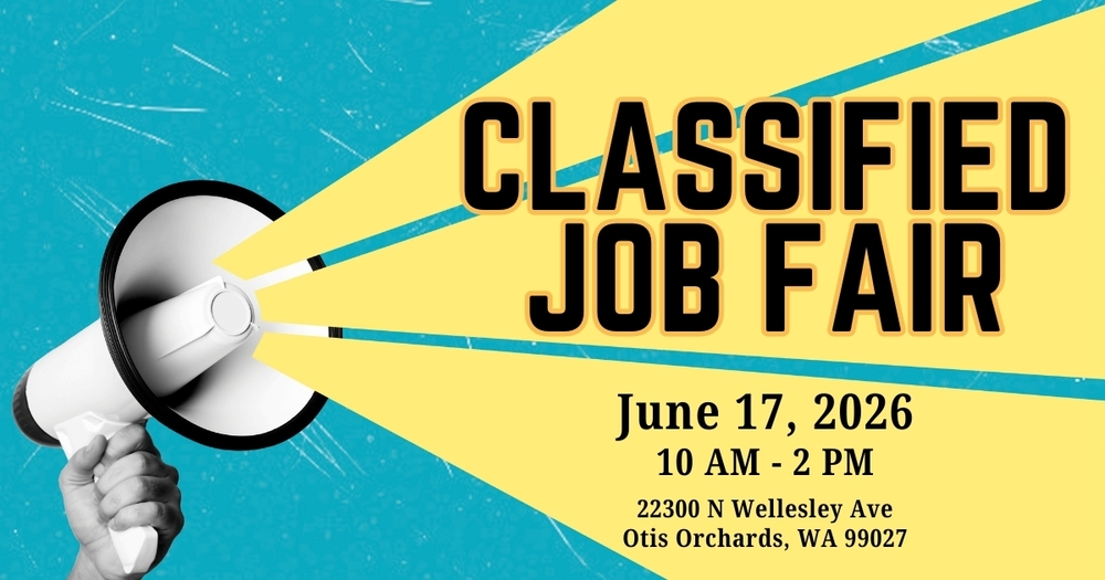 blue and yellow image with a hand holding a mega phone - stating classified job fair 6/17/26 10 am - 2 pm