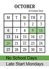 EVMS October Calendar showing no school days, Thursday 10/9, Friday 10/10, Monday 10/20 and late start Mondays, 10/6, 10/13 and 10/27