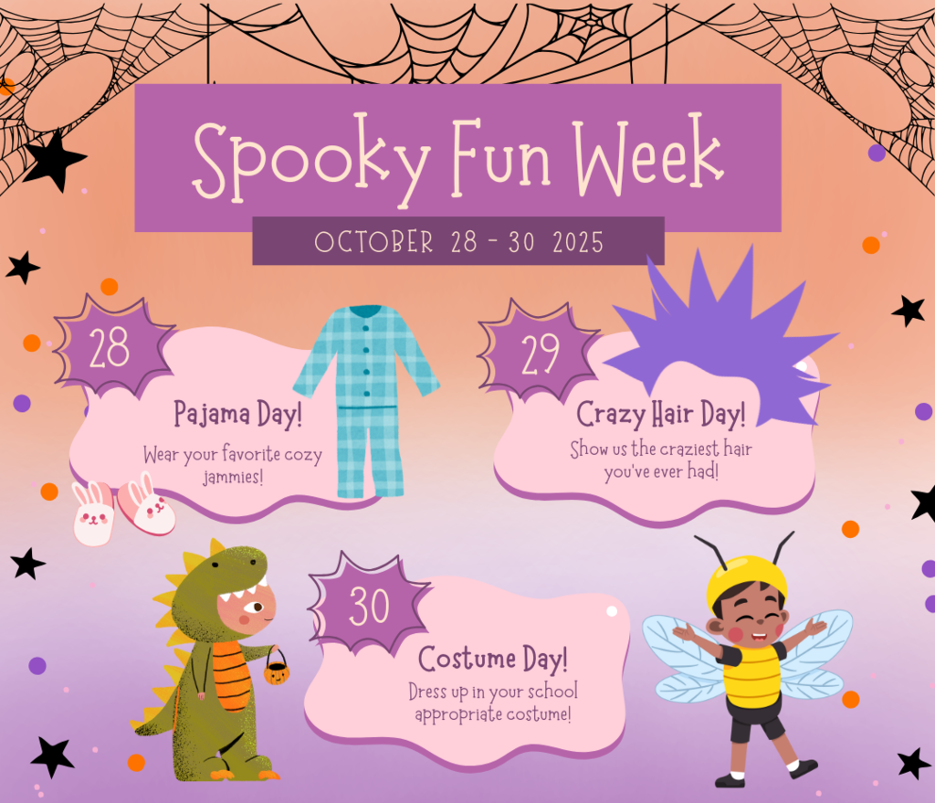 spirit week image for pajama day, crazy hair day and costume day with graphics with kids in costumes, purple hair and blue pajamas surrounded by stars and spider webs