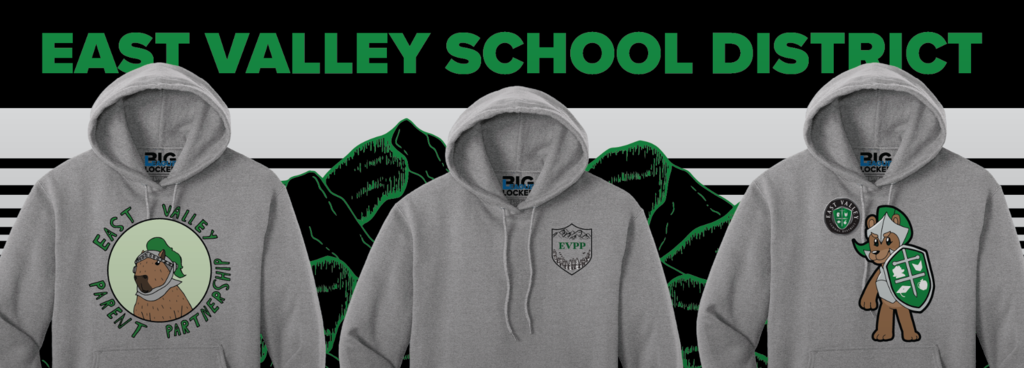 east valley school district apparel with three grey sweatshirts with logos