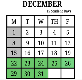 East Valley Middle School 2025 December Calendar