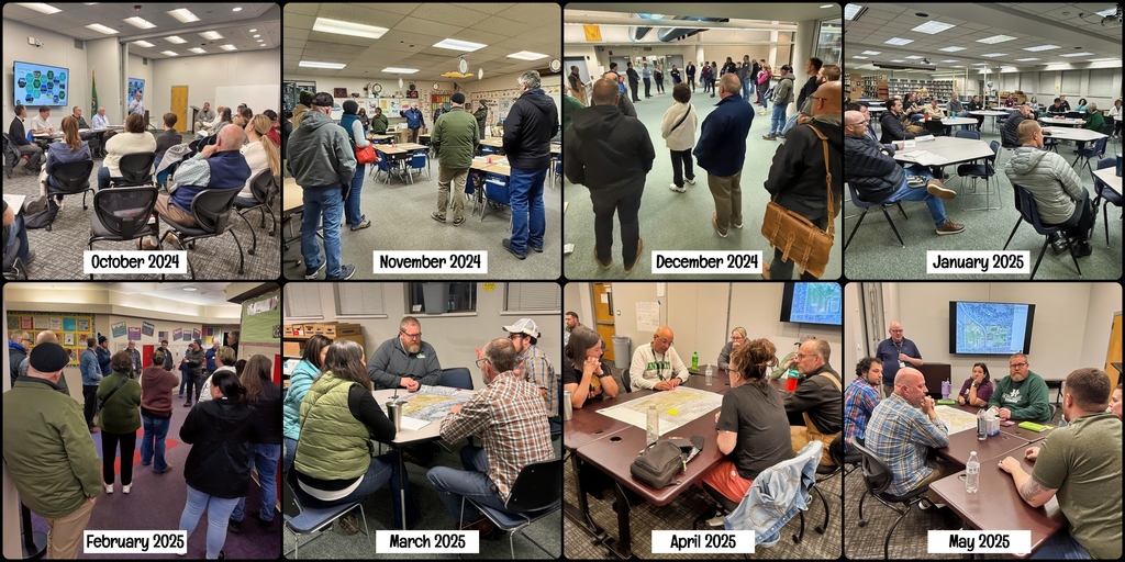 A series of photos showing people in a room with tables, seated and standing, engaged in activities.