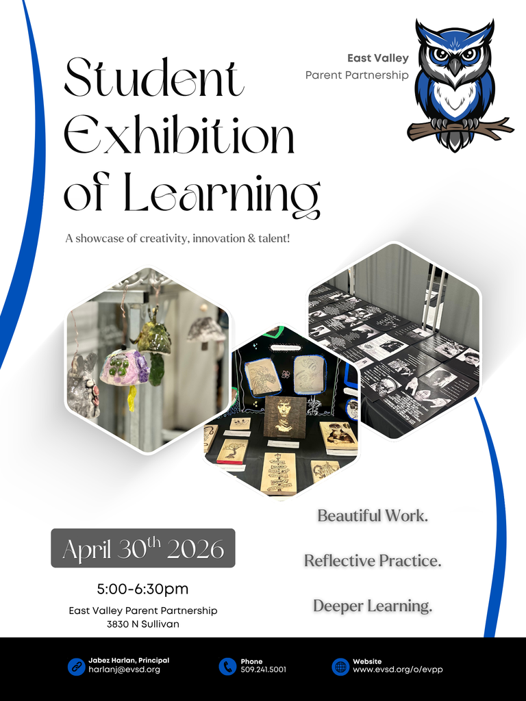 Advertisement for Student Exhibition of Learning event. Owl logo, date April 30, 2026, and time 5:00-6:30pm.