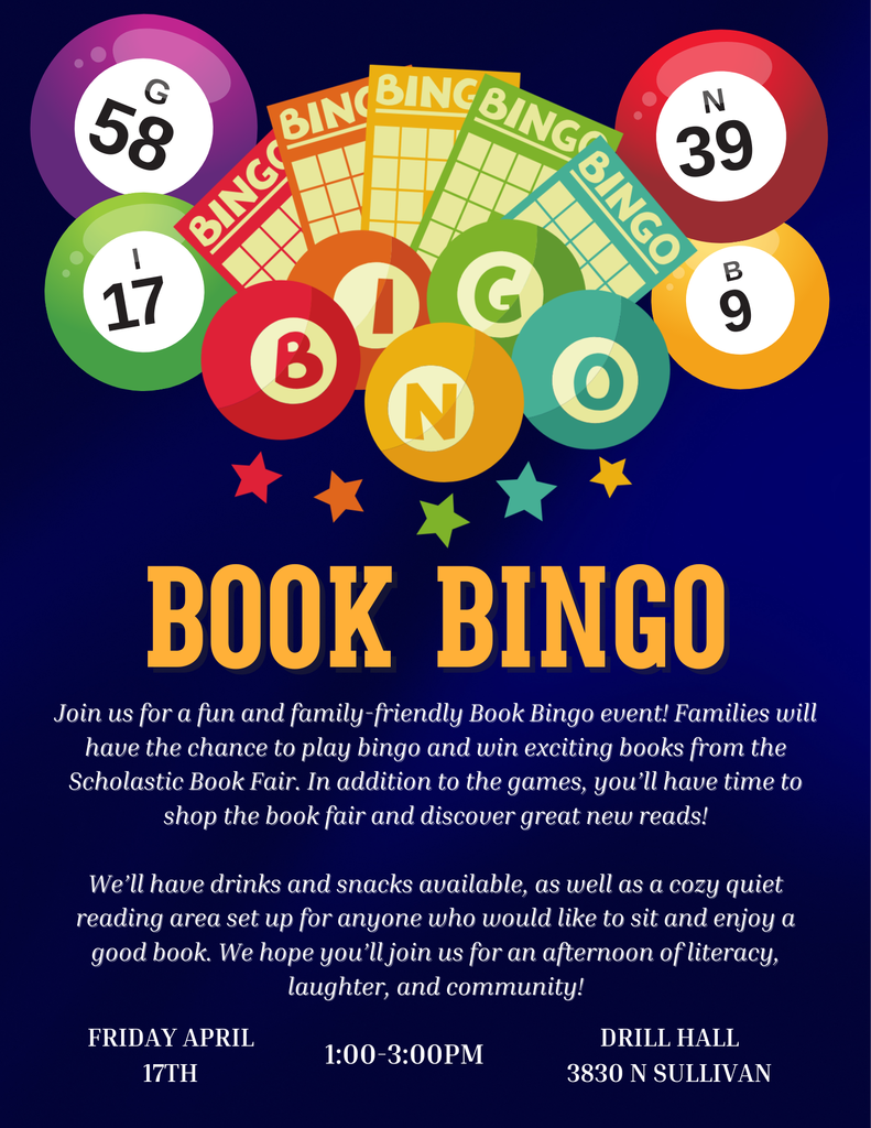 Colorful bingo balls numbered 17, 58, 39, and 9 surround the text "BOOK BINGO". The event details are listed below.