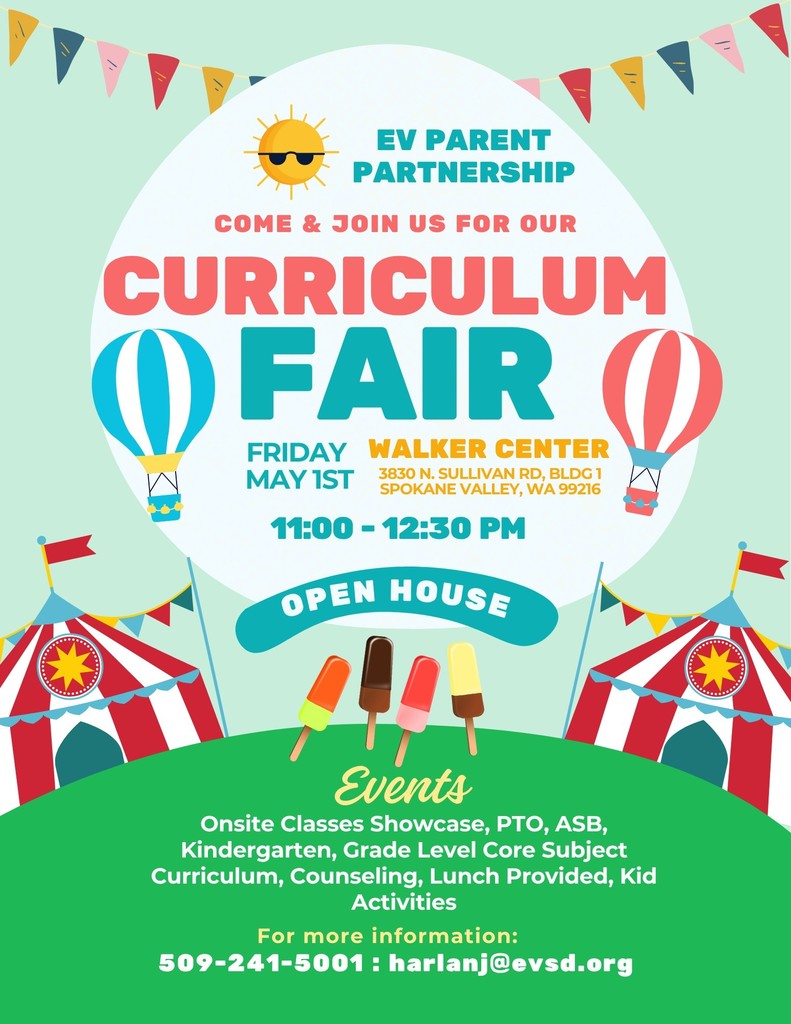 An event poster with balloons, flags, hot air balloons, and ice cream. Text reads: "EV Parent Partnership Curriculum Fair. May 1st, 11:00-12:30 PM."