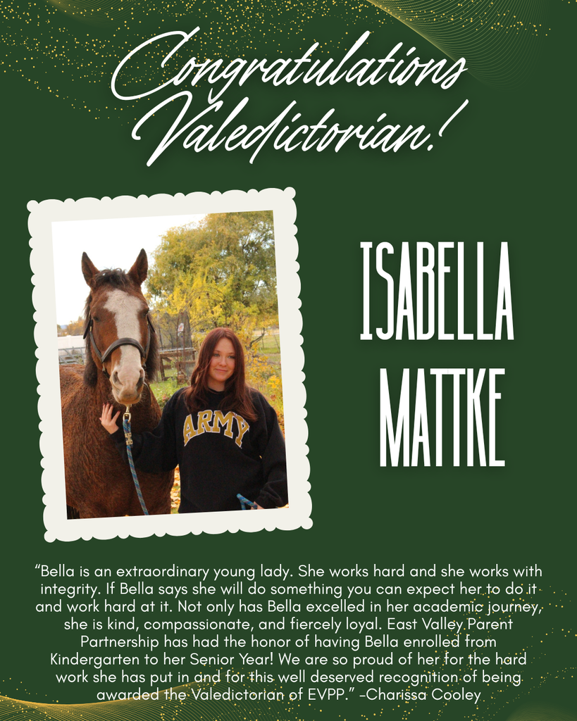 A certificate with a green background shows a photo of a woman with a horse. The text reads, "Congratulations Valedictorian! Isabella Mattke."