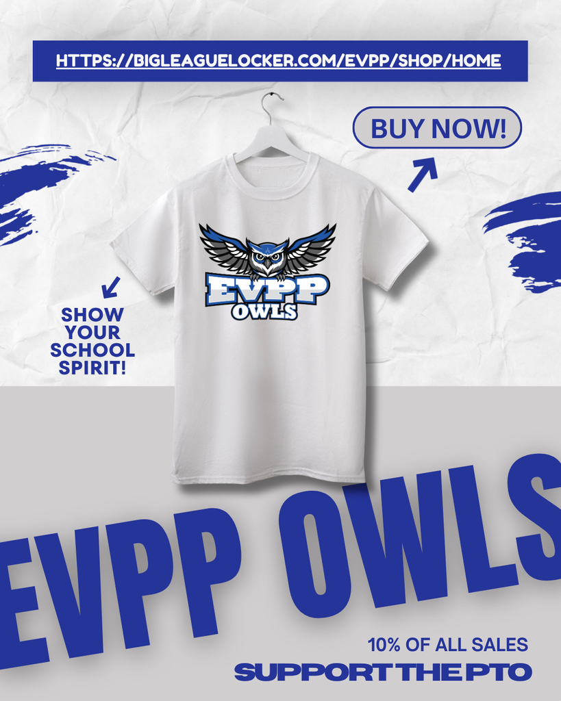 White shirt on a white hanger. Text reads "EVPP OWLS" and "SHOW YOUR SCHOOL SPIRIT". A "Buy Now" button appears above the shirt.
