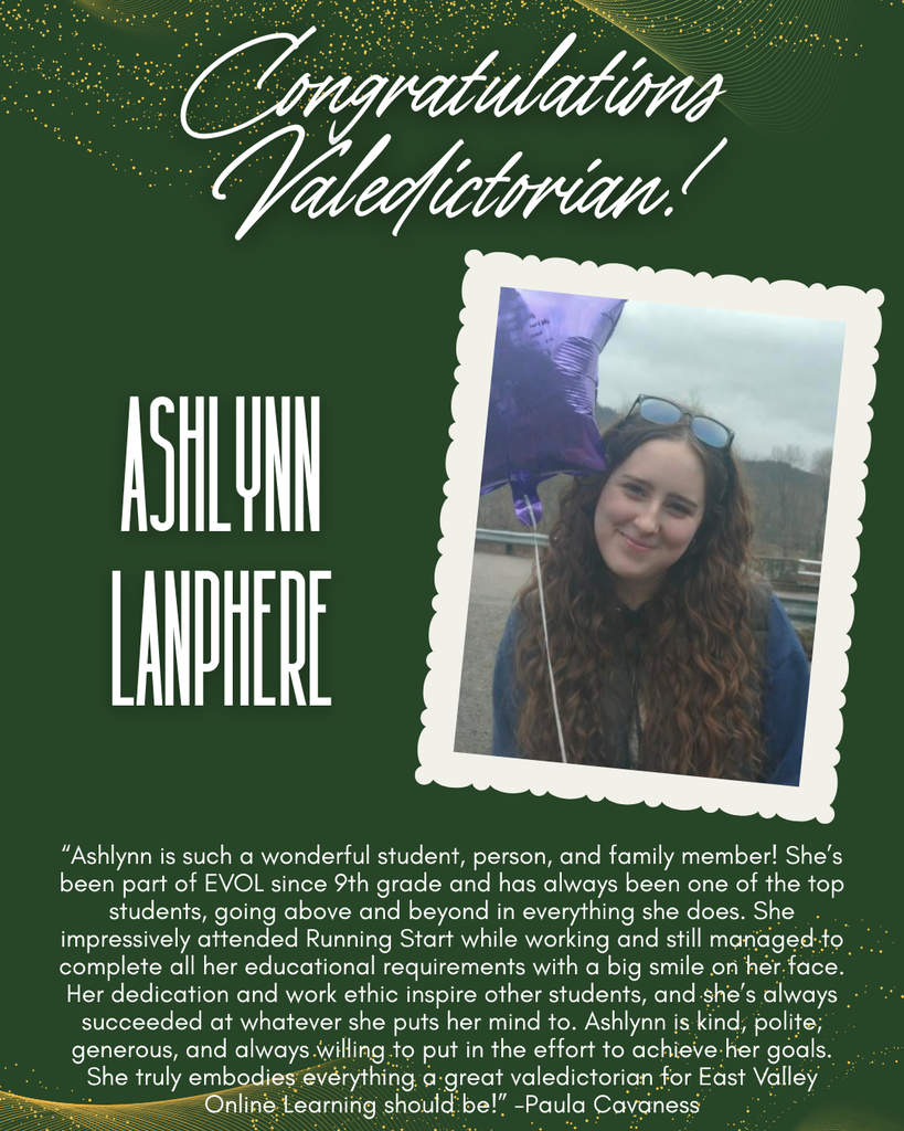 A green poster with text congratulates a student named Ashlynn Lanphere, featuring her photo with a purple balloon and sunglasses.