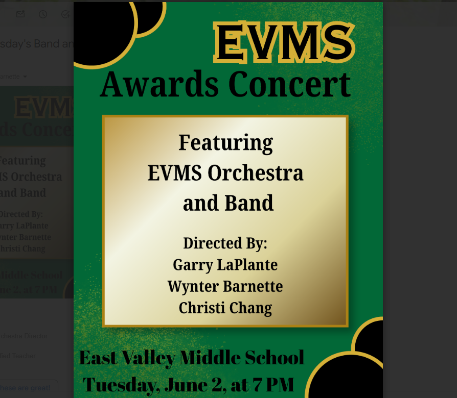 Orchestra and Band concert June 2nd 2026 at 7pm at east valley middle school