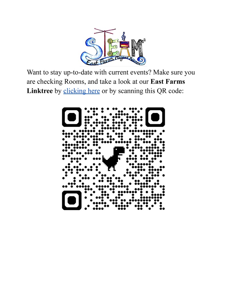 A white page displays text about staying updated with events and a QR code, featuring a dinosaur in the center.