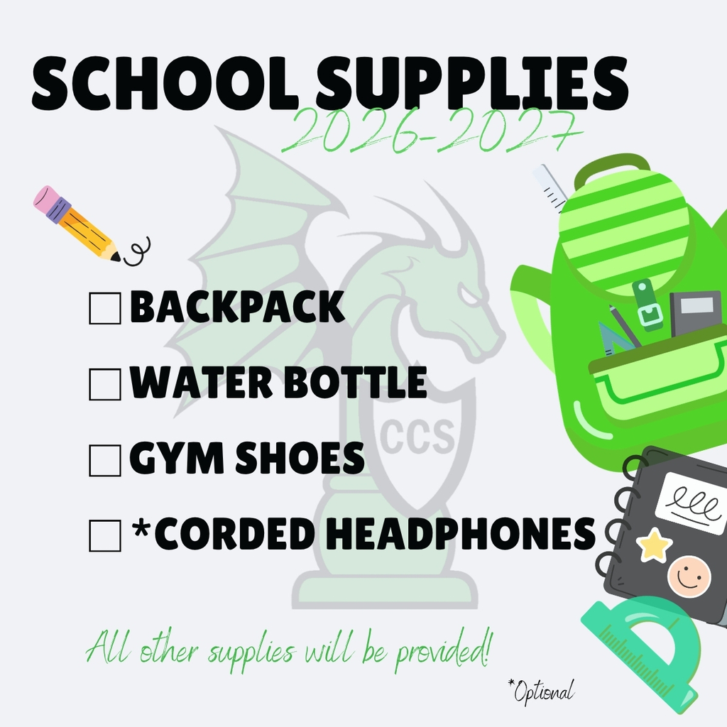 White poster with green text: "SCHOOL SUPPLIES 2026-2027". Green dragon with items in backpack. Pencil, gym shoes, water bottle, corded headphones.