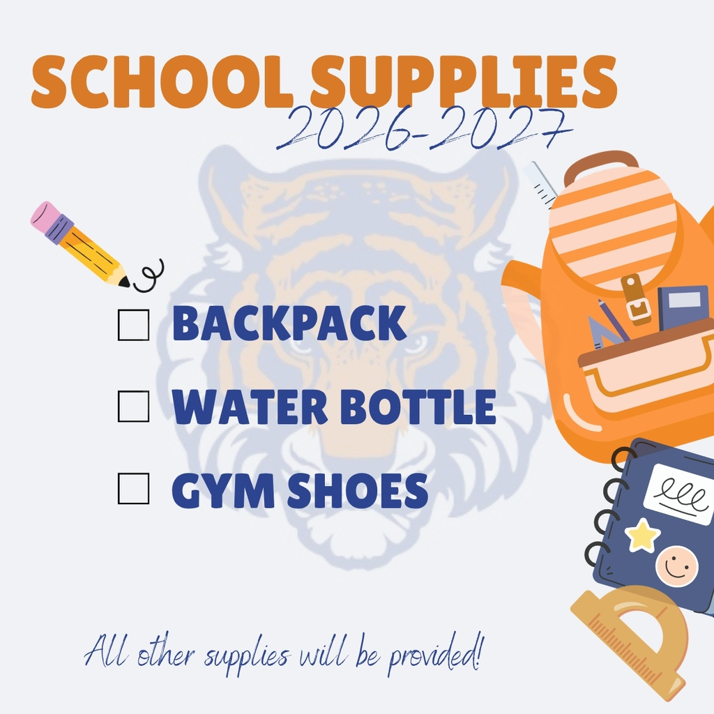 A white background shows a list of required school supplies for the 2026-2027 school year.