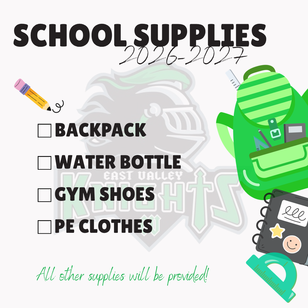 List of school supplies for the 2026-2027 school year, including backpack, water bottle, gym shoes, PE clothes.